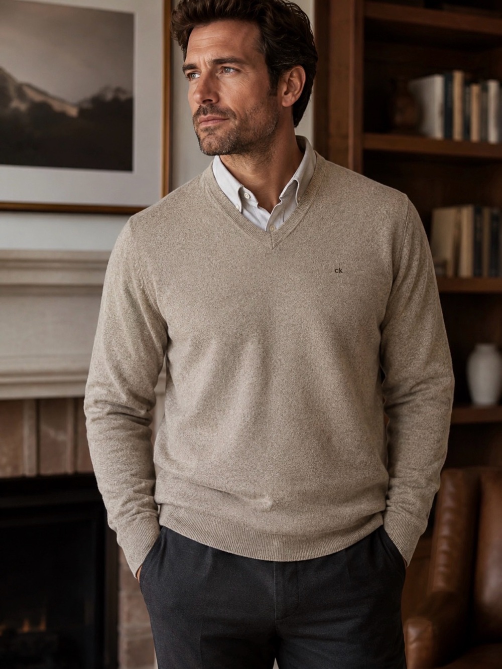 Men’s Calvin Klein 100% Merino Wool V Neck Sweater Large Oatmeal Quiet Luxury